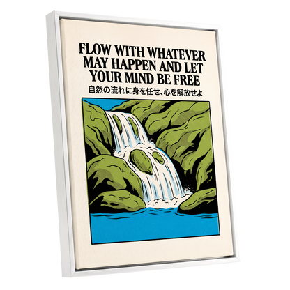 Flow State Falls, black, green, beige nature wall art shown as a white framed canvas wall art