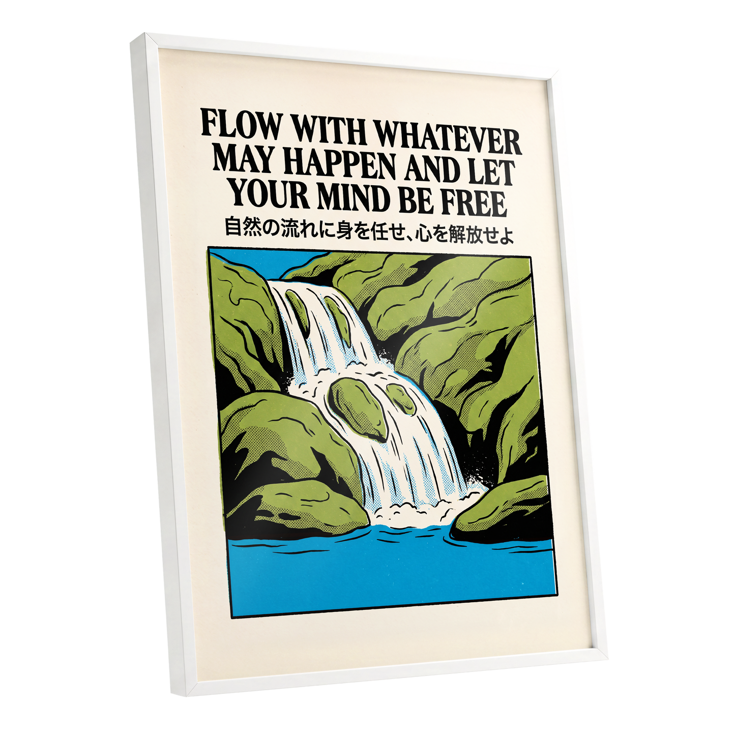 Flow State Falls, black, green, beige nature wall art shown as a white framed poster wall art print