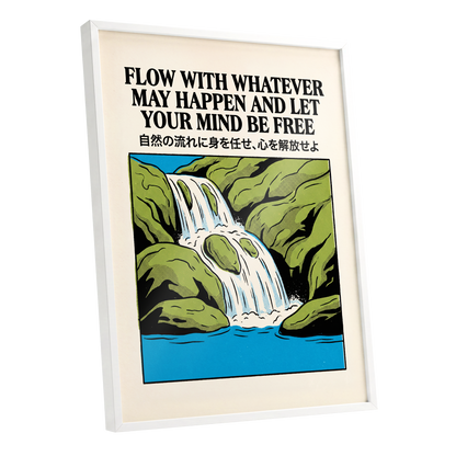 Flow State Falls, black, green, beige nature wall art shown as a white framed poster wall art print