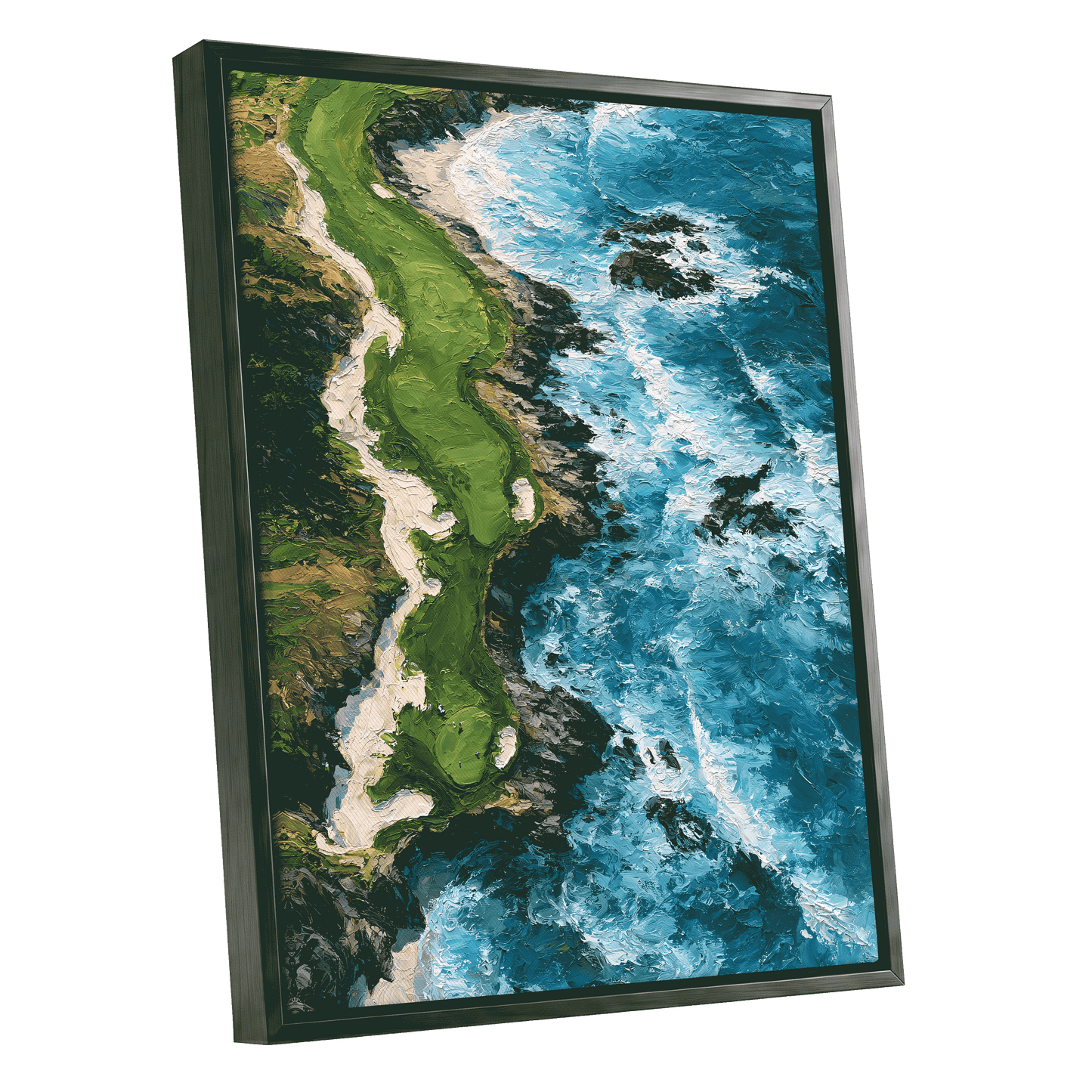 Foam Along the Headland, blue, green, white nature wall art shown as a black framed canvas wall art