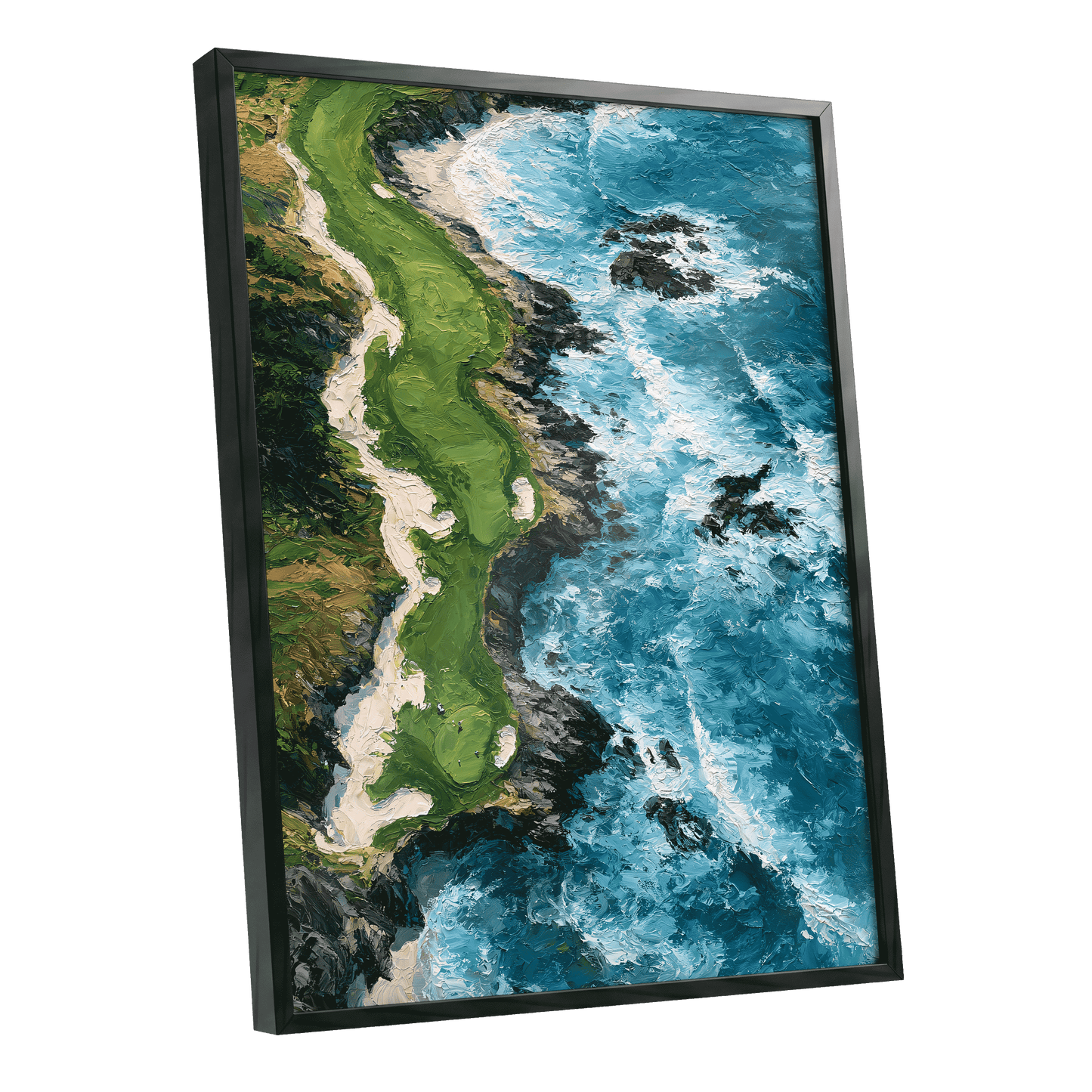 Foam Along the Headland, blue, green, white nature wall art shown as a black framed poster wall art print