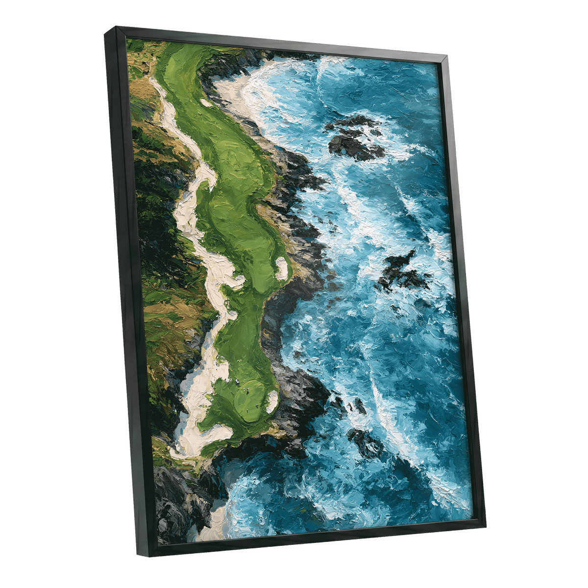 Foam Along the Headland, blue, green, white nature wall art shown as a black framed poster wall art print
