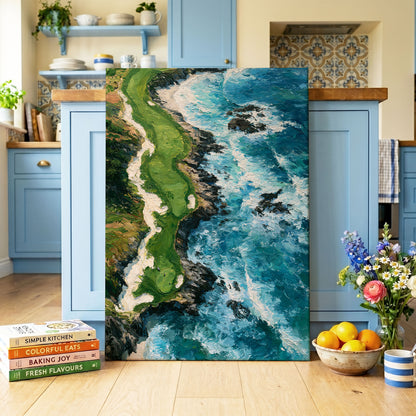Foam Along the Headland, blue, green, white nature wall art on canvas displayed in a styled interior, gallery view 1