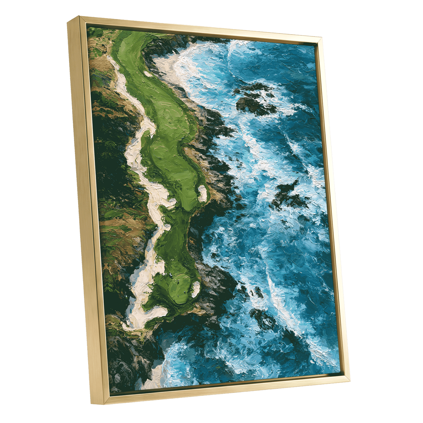 Foam Along the Headland, blue, green, white nature wall art shown as a gold framed canvas wall art