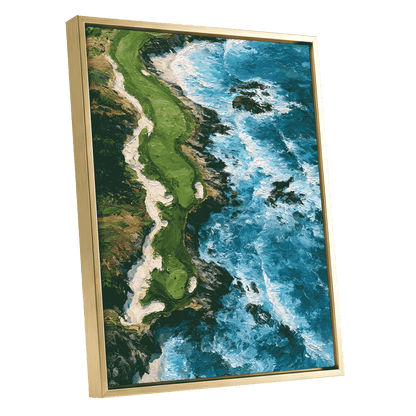 Foam Along the Headland, blue, green, white nature wall art shown as a gold framed canvas wall art