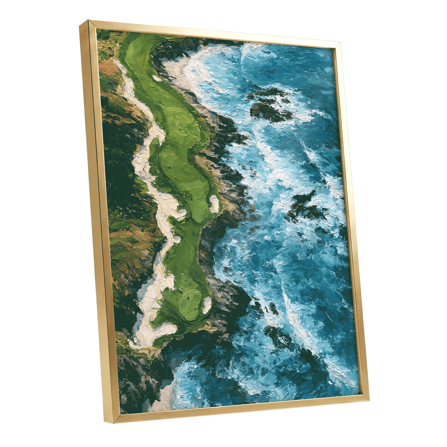 Foam Along the Headland, blue, green, white nature wall art shown as a gold framed poster wall art print