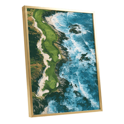 Foam Along the Headland, blue, green, white nature wall art shown as a gold framed poster wall art print