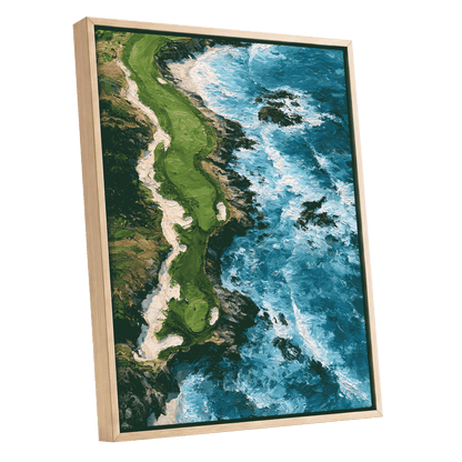 Foam Along the Headland, blue, green, white nature wall art shown as a oak framed canvas wall art