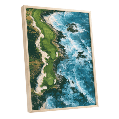 Foam Along the Headland, blue, green, white nature wall art shown as a oak framed poster wall art print