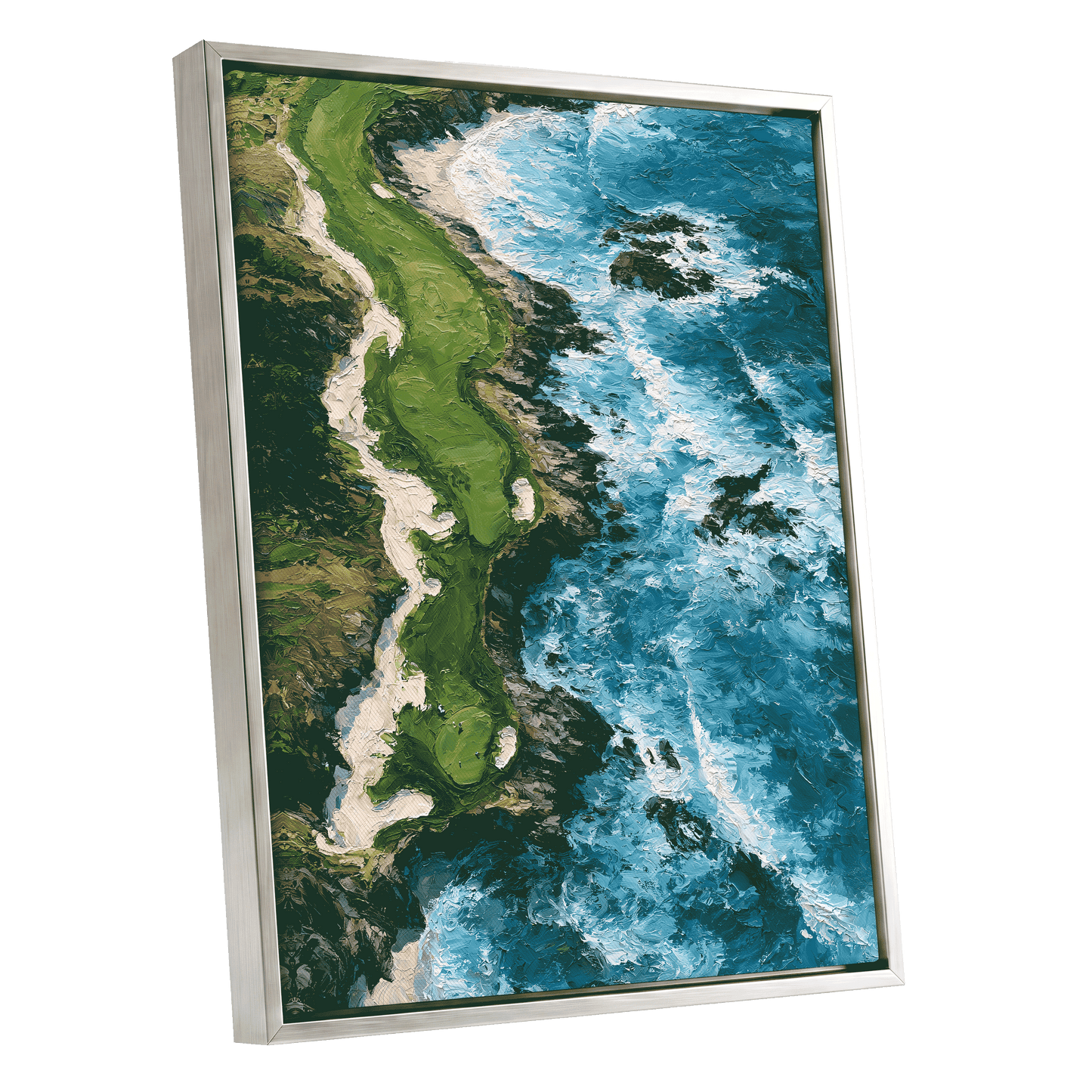 Foam Along the Headland, blue, green, white nature wall art shown as a silver framed canvas wall art