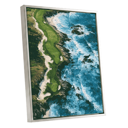 Foam Along the Headland, blue, green, white nature wall art shown as a silver framed canvas wall art