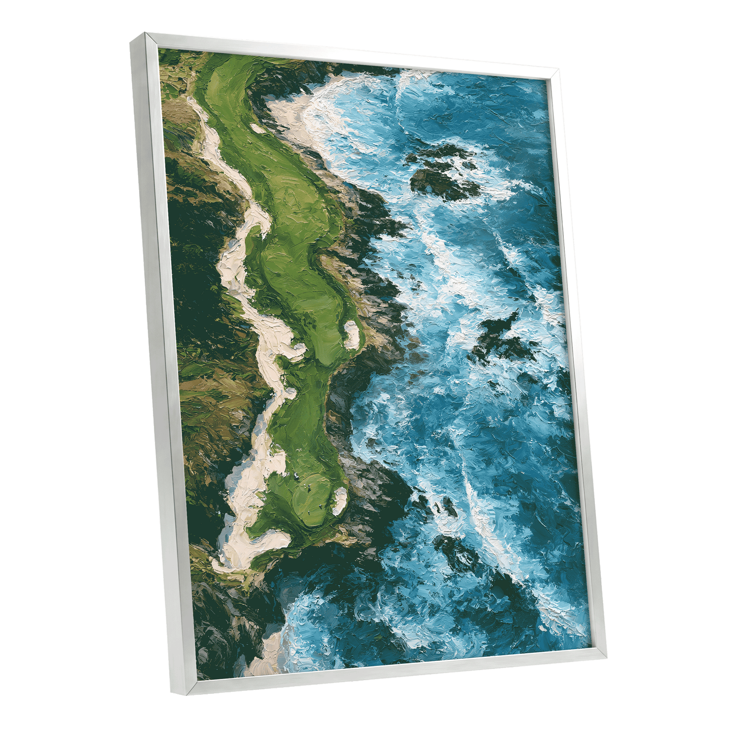 Foam Along the Headland, blue, green, white nature wall art shown as a silver framed poster wall art print