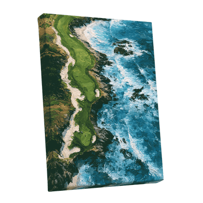 Foam Along the Headland, blue, green, white nature wall art shown as a stretched canvas wall art