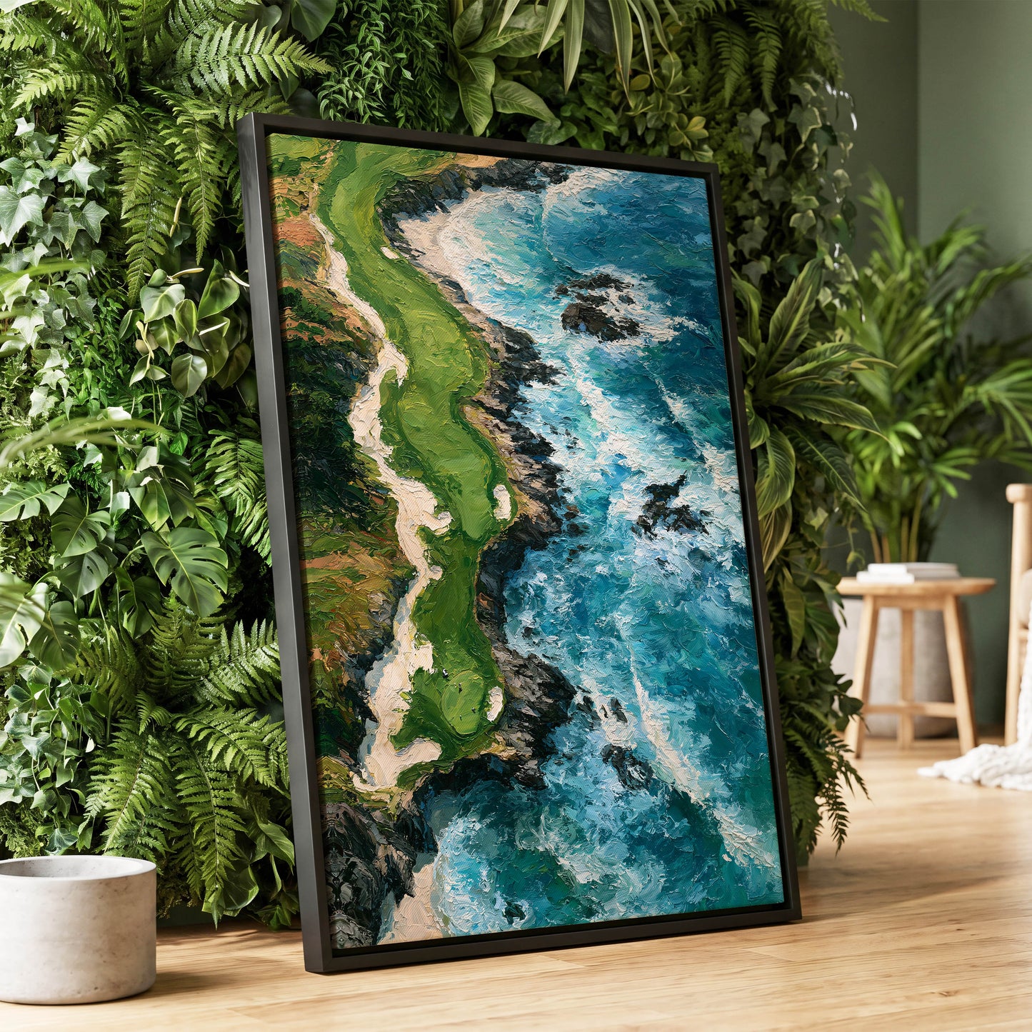 Foam Along the Headland, blue, green, white nature wall art displayed in a styled interior, gallery view 1