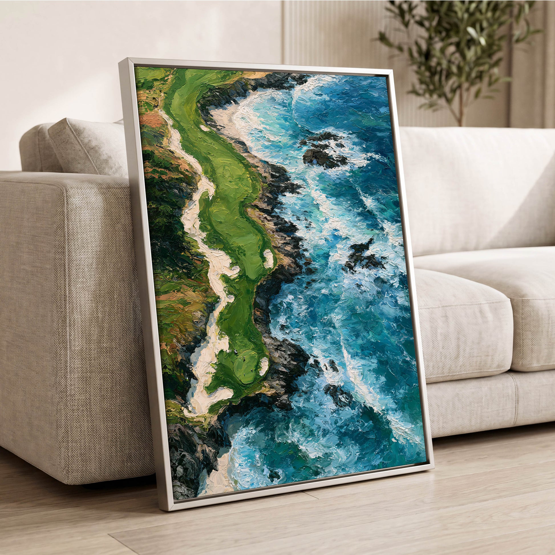 Foam Along the Headland, blue, green, white nature wall art displayed in a styled interior, gallery view 2
