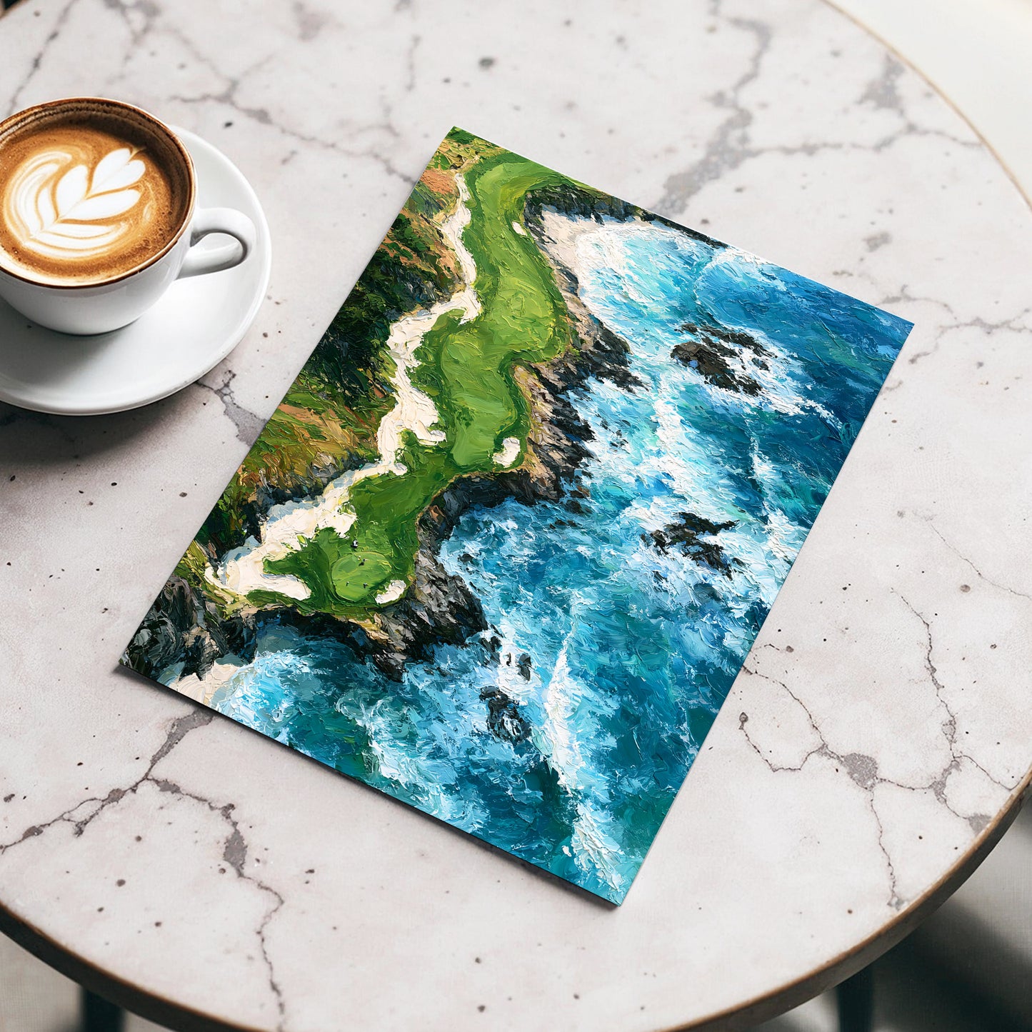 Foam Along the Headland, blue, green, white nature wall art displayed in a styled interior, gallery view 3