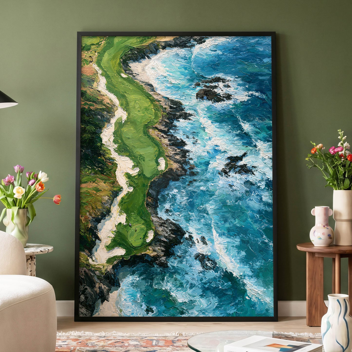 Foam Along the Headland, blue, green, white nature wall art displayed in a styled interior, gallery view 4