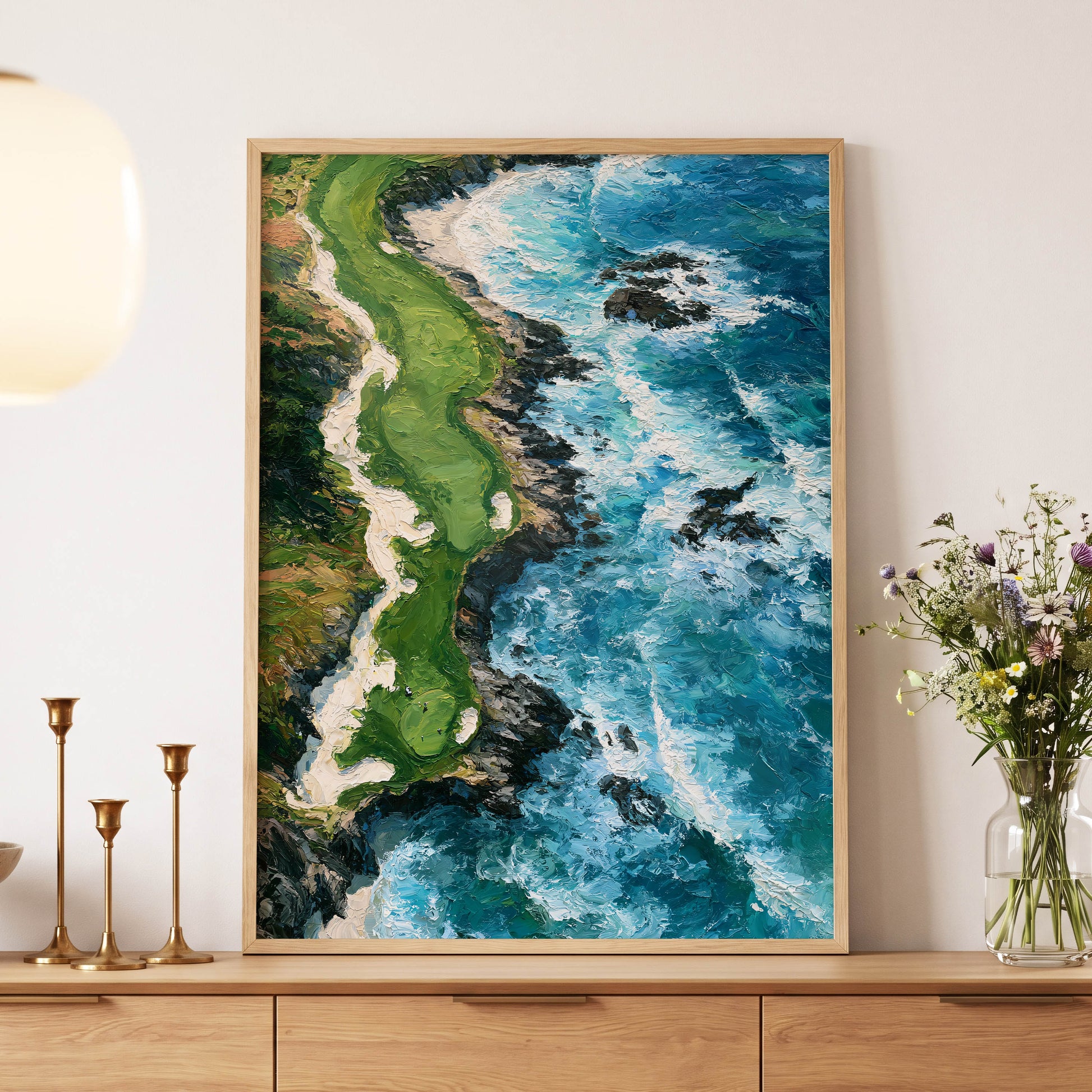 Foam Along the Headland, blue, green, white nature wall art displayed in a styled interior, gallery view 5