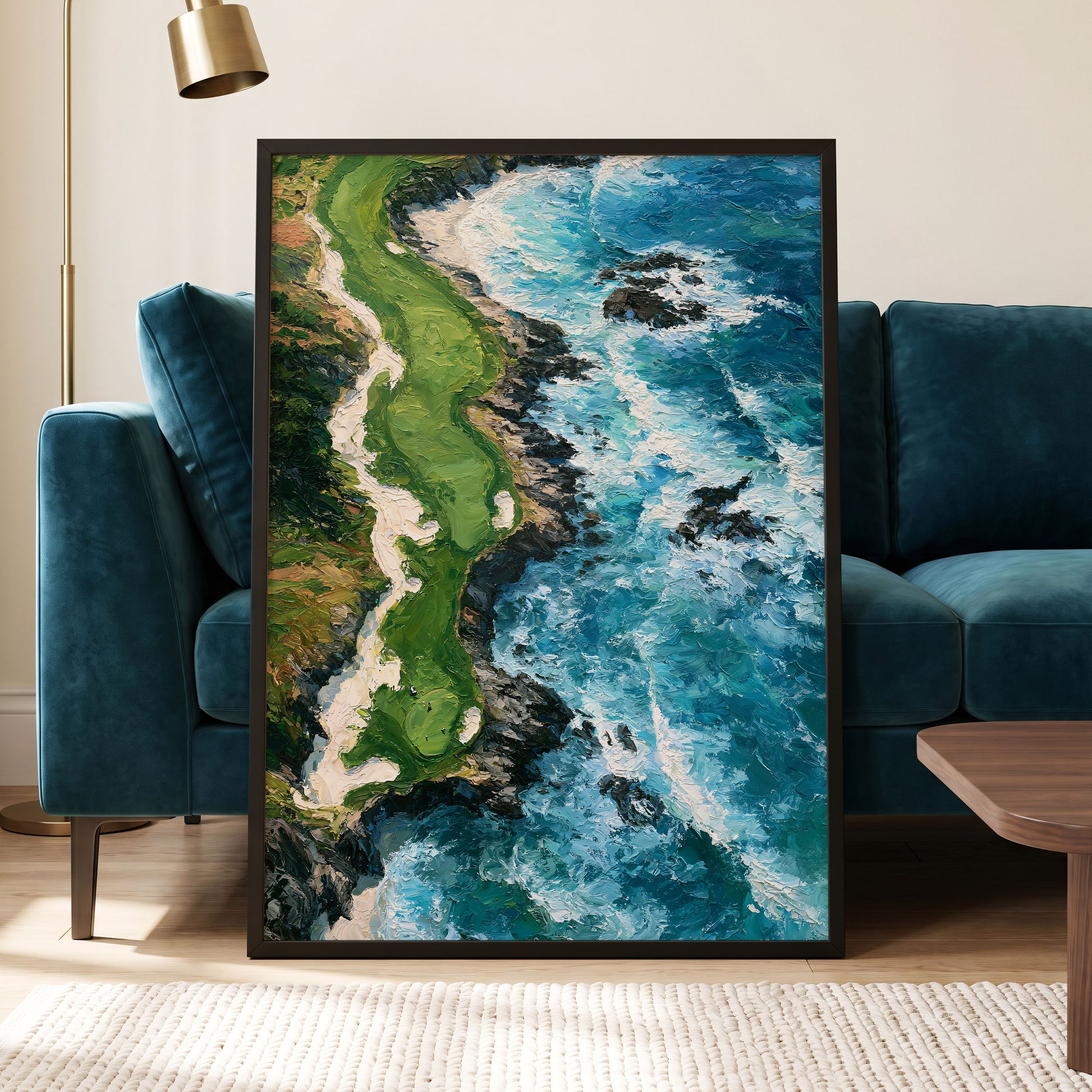 Foam Along the Headland, blue, green, white nature wall art displayed in a styled interior, gallery view 6