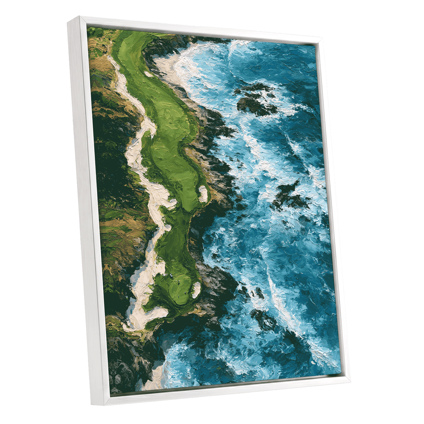 Foam Along the Headland, blue, green, white nature wall art shown as a white framed canvas wall art