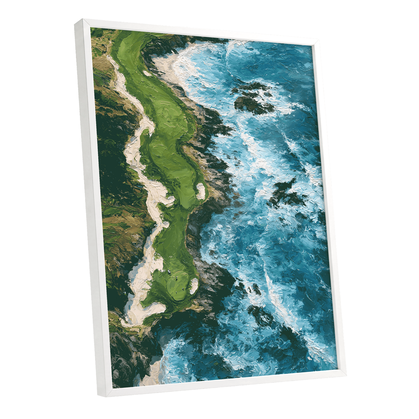 Foam Along the Headland, blue, green, white nature wall art shown as a white framed poster wall art print