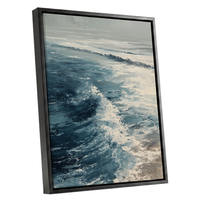Foamline in Winter Light, blue, white, gray nature wall art shown as a black framed canvas wall art
