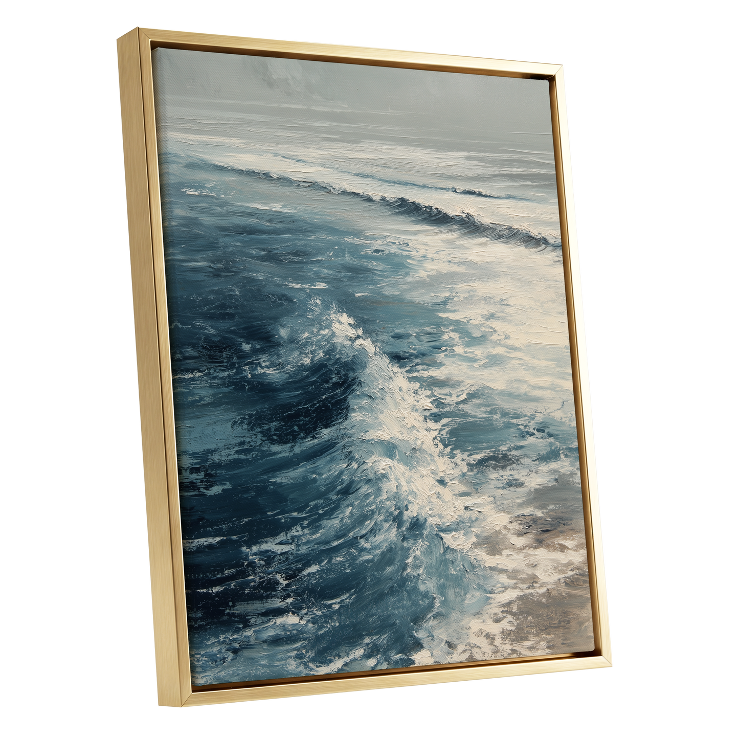 Foamline in Winter Light, blue, white, gray nature wall art shown as a gold framed canvas wall art
