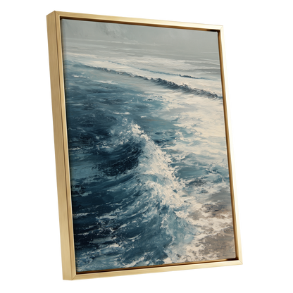 Foamline in Winter Light, blue, white, gray nature wall art shown as a gold framed canvas wall art