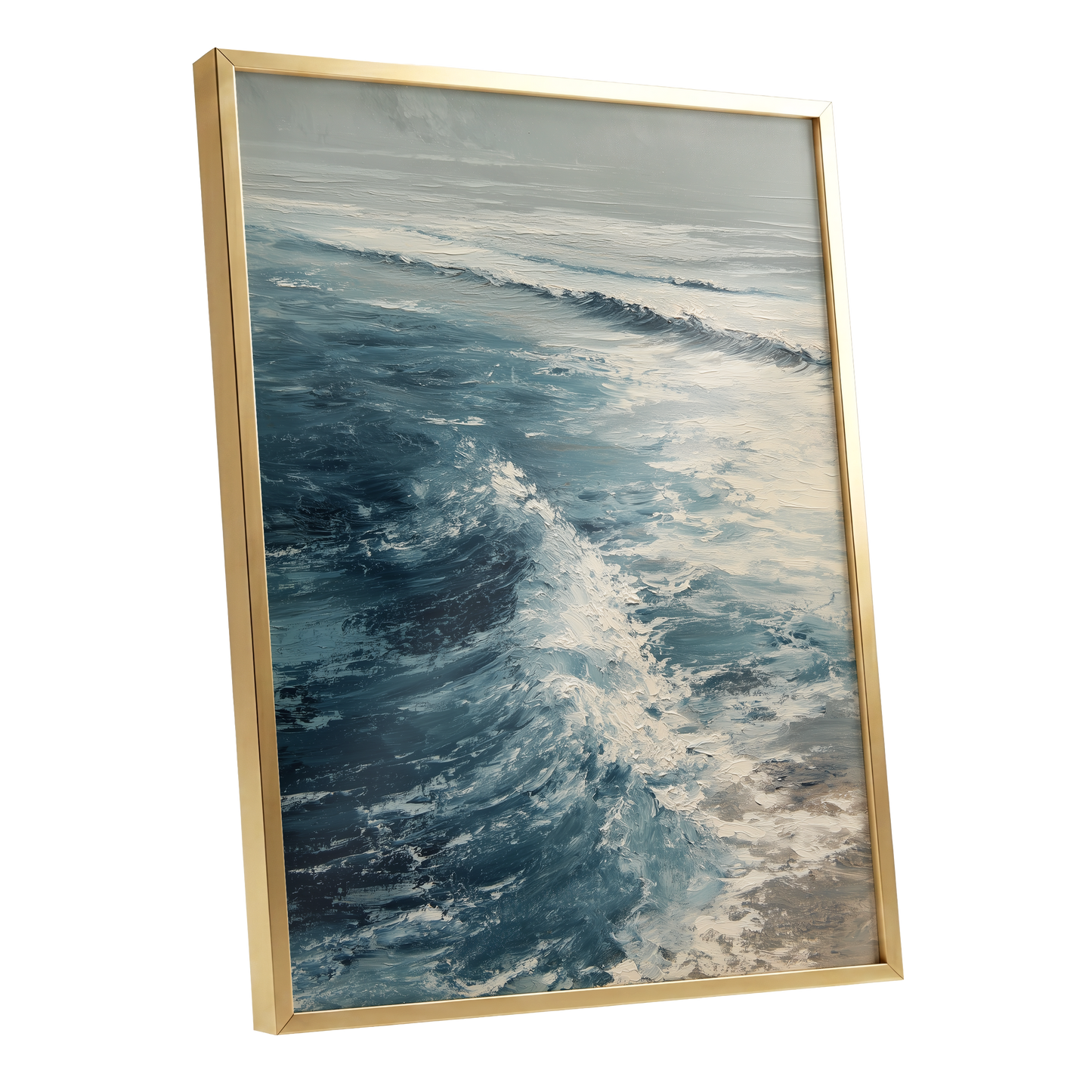 Foamline in Winter Light, blue, white, gray nature wall art shown as a gold framed poster wall art print