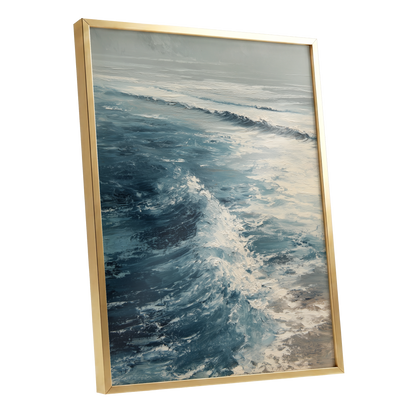 Foamline in Winter Light, blue, white, gray nature wall art shown as a gold framed poster wall art print