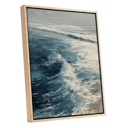 Foamline in Winter Light, blue, white, gray nature wall art shown as a oak framed canvas wall art