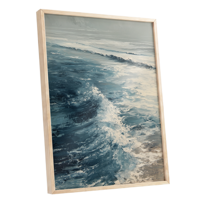 Foamline in Winter Light, blue, white, gray nature wall art shown as a oak framed poster wall art print