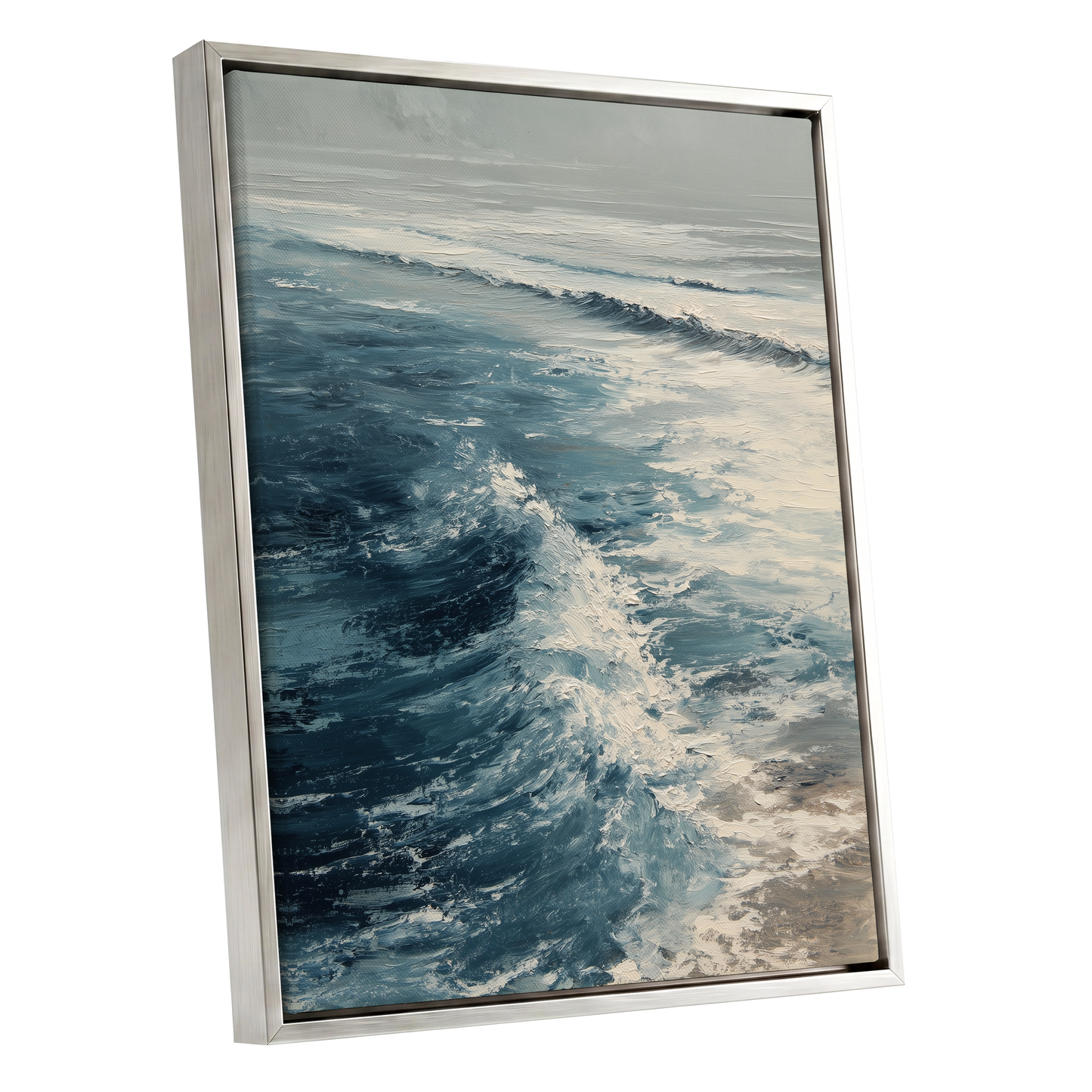 Foamline in Winter Light, blue, white, gray nature wall art shown as a silver framed canvas wall art