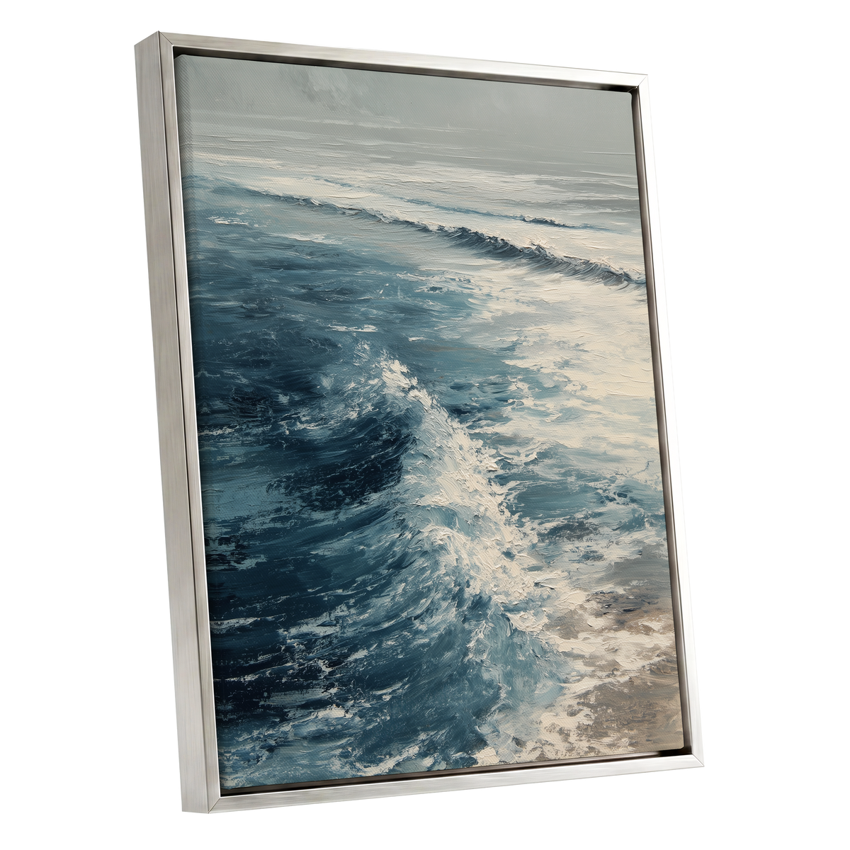 Foamline in Winter Light, blue, white, gray nature wall art shown as a silver framed canvas wall art