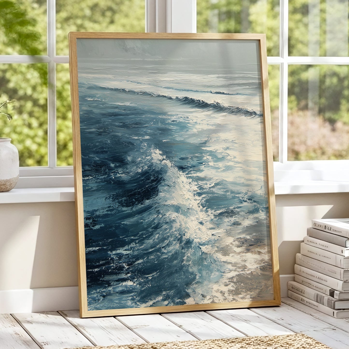 Foamline in Winter Light, blue, white, gray nature wall art displayed in a styled interior, gallery view 2