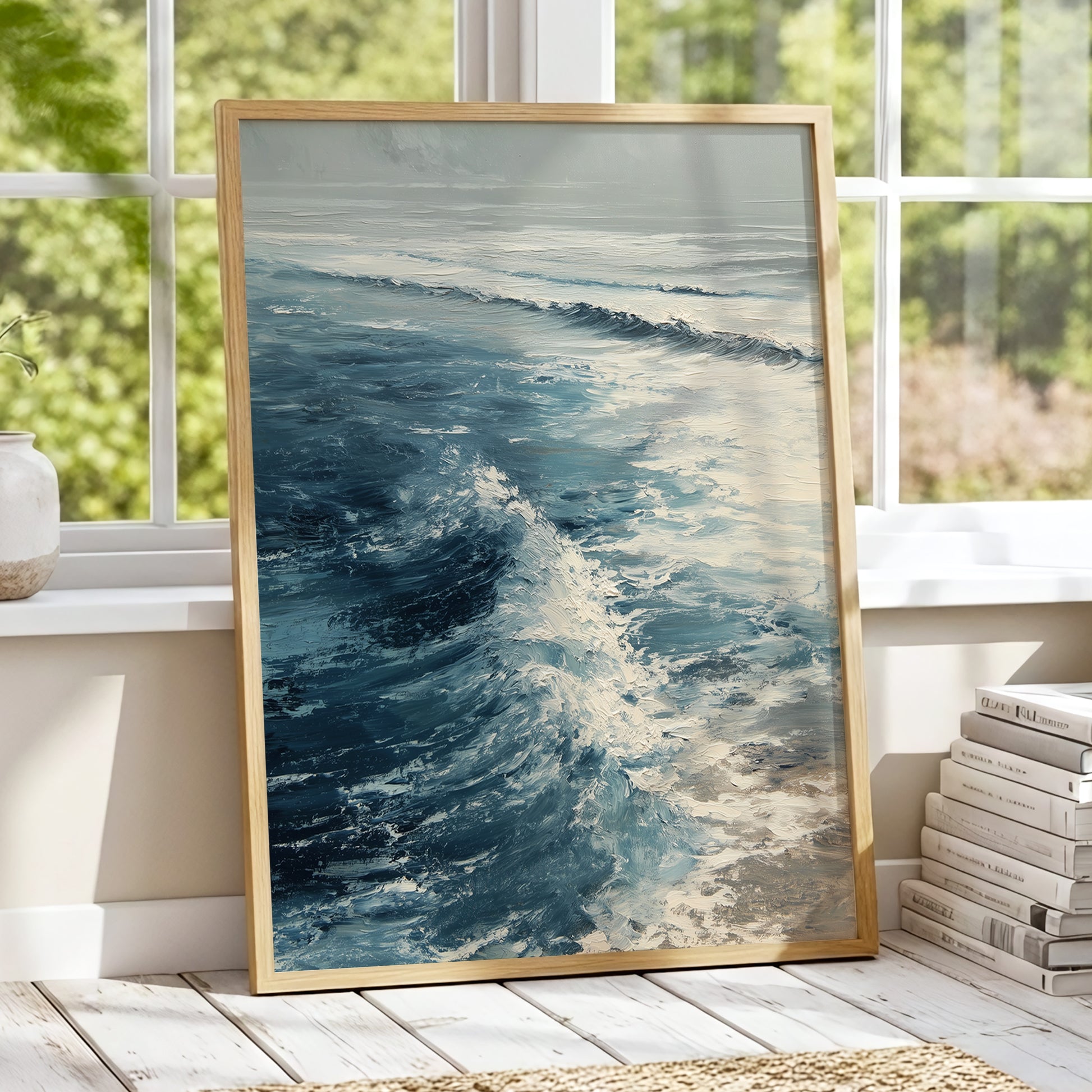 Foamline in Winter Light, blue, white, gray nature wall art displayed in a styled interior, gallery view 2