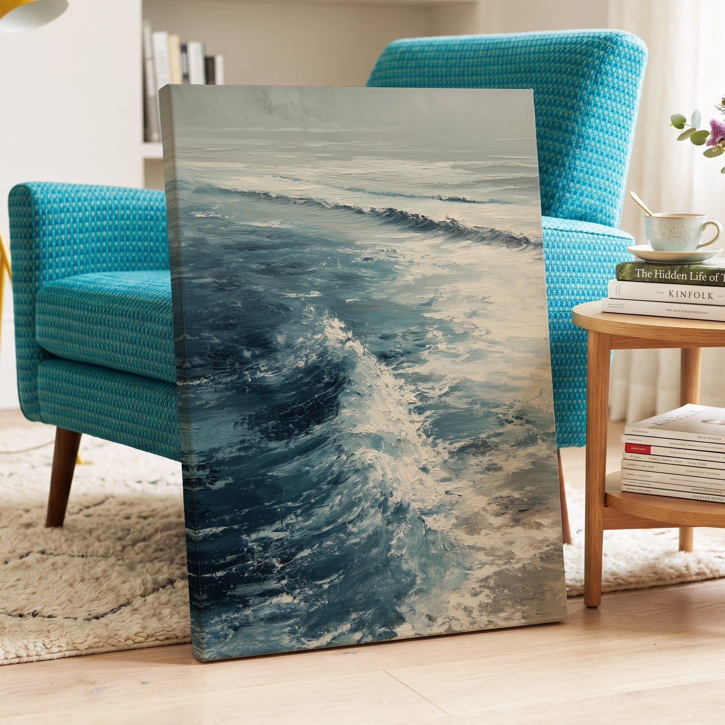 Foamline in Winter Light, blue, white, gray nature wall art displayed in a styled interior, gallery view 3