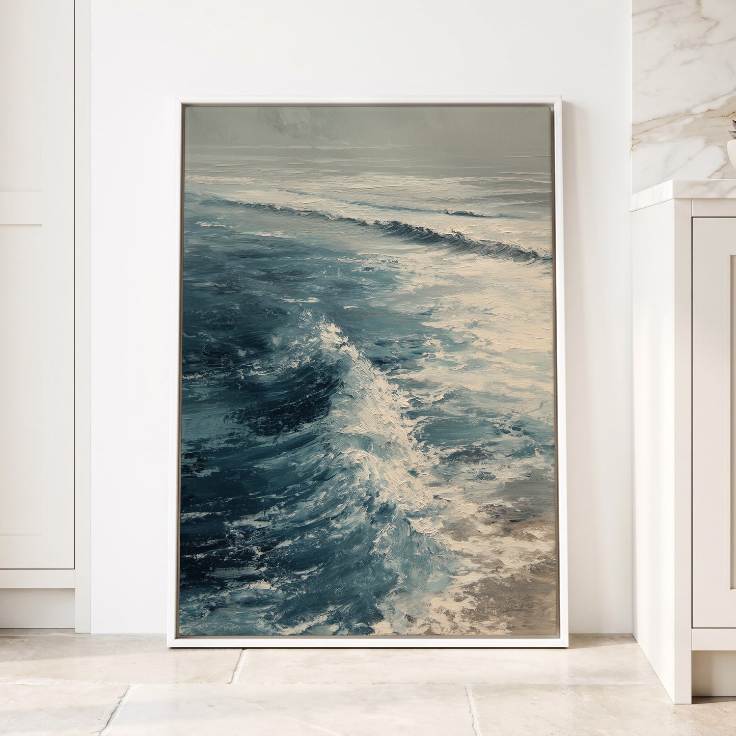 Foamline in Winter Light, blue, white, gray nature wall art displayed in a styled interior, gallery view 4