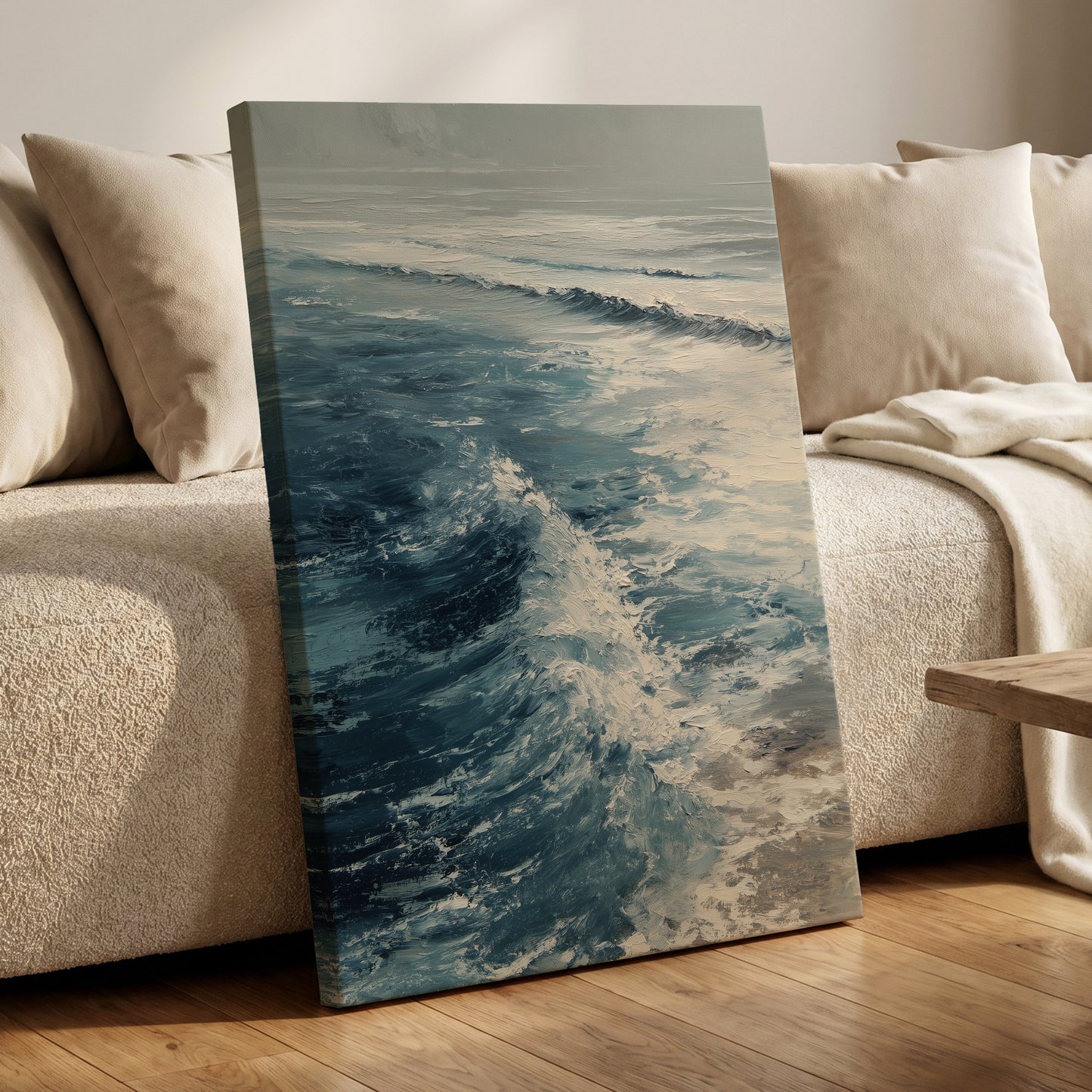 Foamline in Winter Light, blue, white, gray nature wall art displayed in a styled interior, gallery view 7