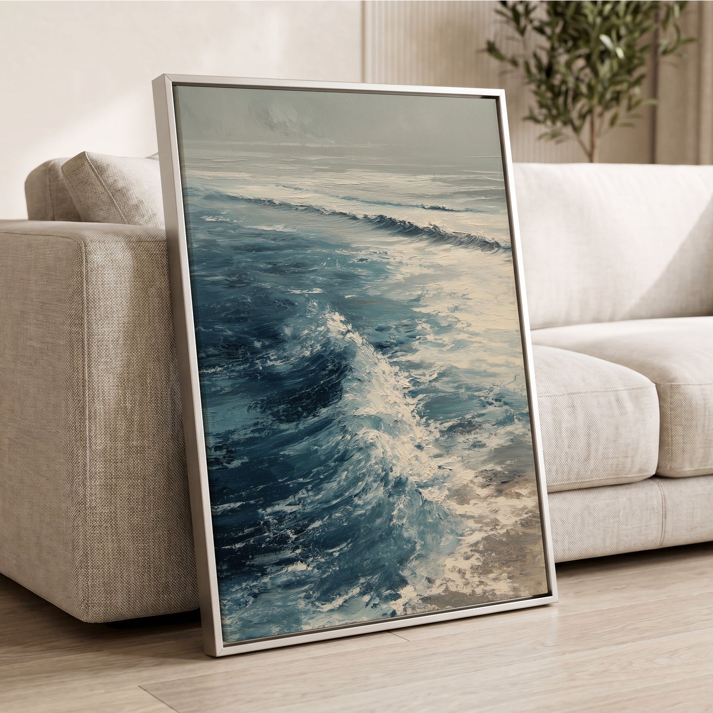 Foamline in Winter Light, blue, white, gray nature wall art displayed in a styled interior, gallery view 8