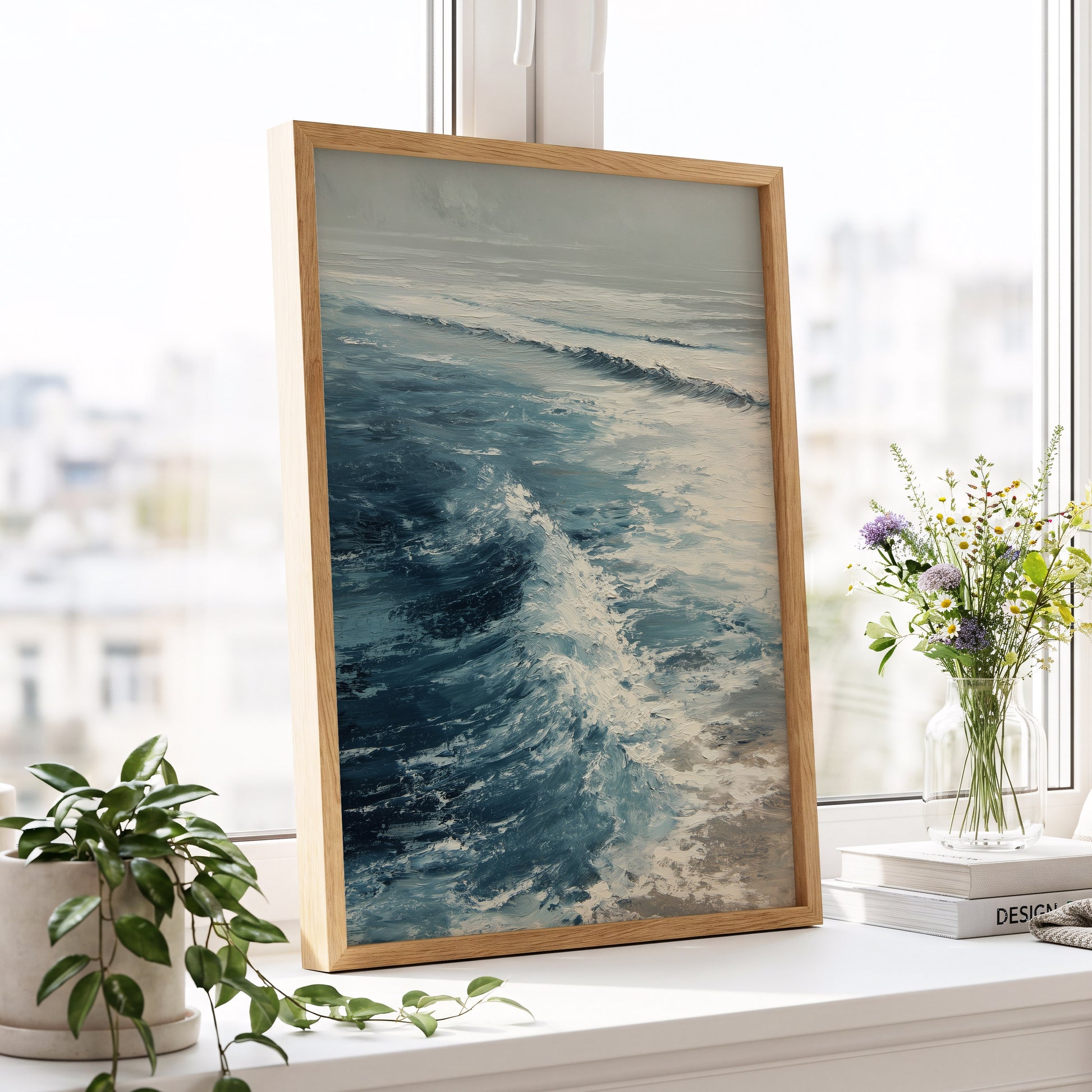 Foamline in Winter Light, blue, white, gray nature wall art displayed in a styled interior, gallery view 9