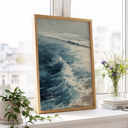 Foamline in Winter Light, blue, white, gray nature wall art displayed in a styled interior, gallery view 9