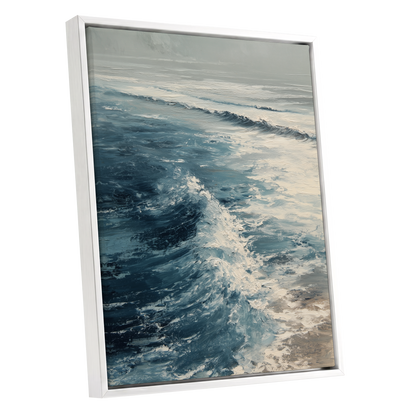 Foamline in Winter Light, blue, white, gray nature wall art shown as a white framed canvas wall art