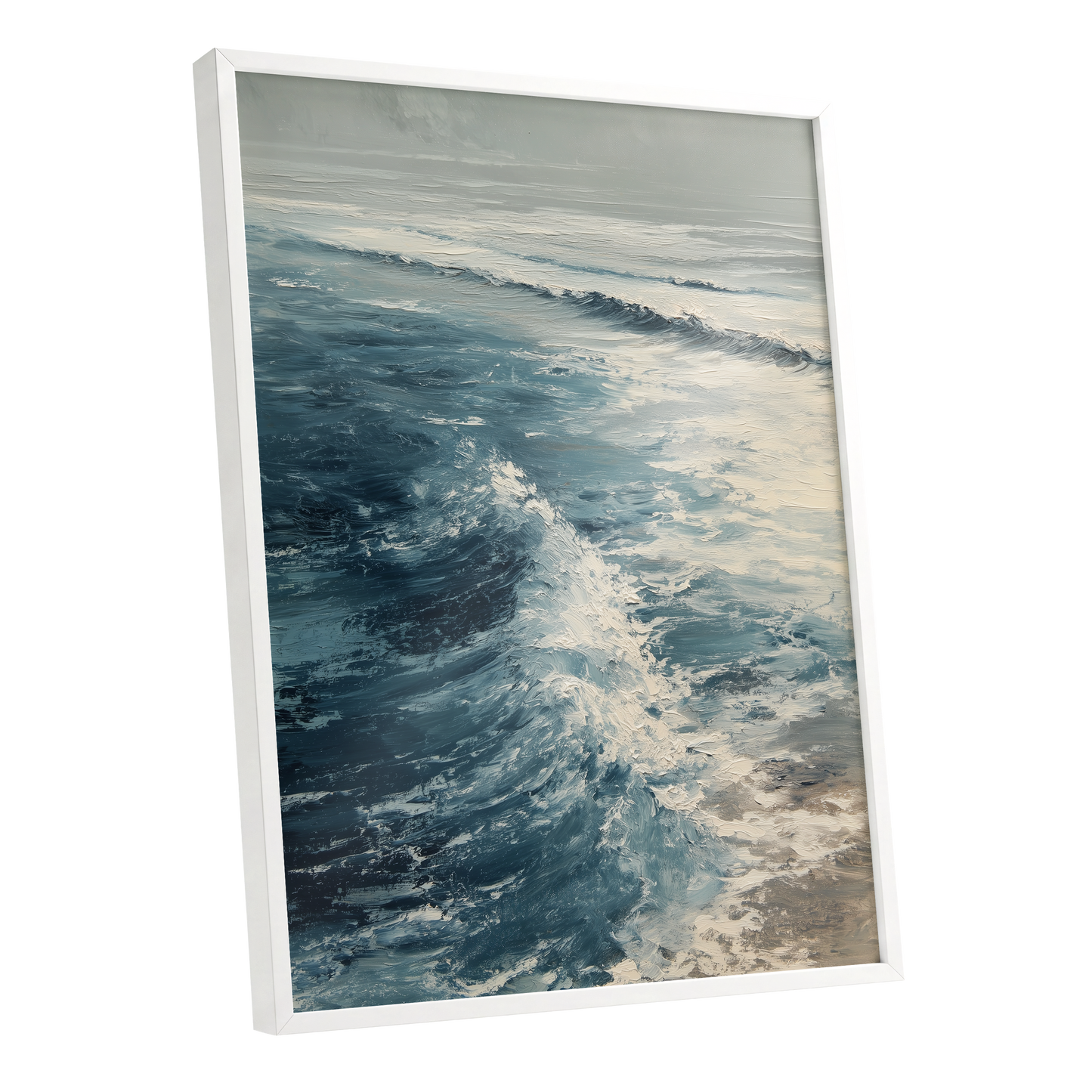 Foamline in Winter Light, blue, white, gray nature wall art shown as a white framed poster wall art print