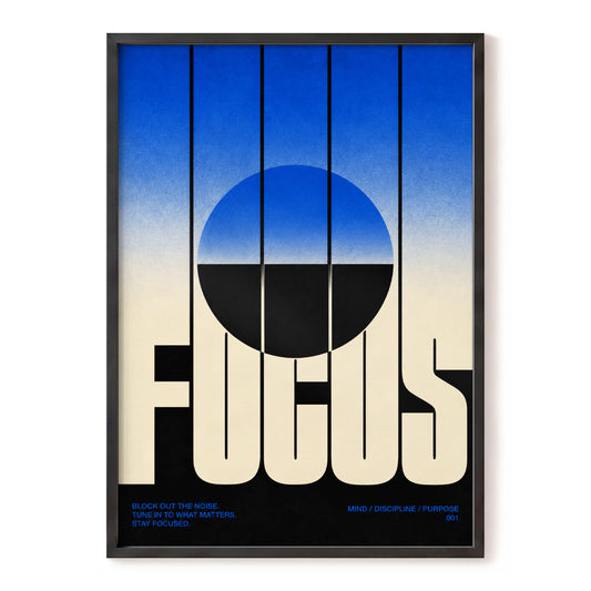 Focus in Blue, blue, black, beige minimalist wall art, front artwork view