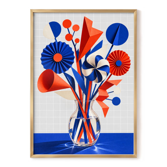 Folded Bloom Parade, blue, red, white floral wall art, front artwork view