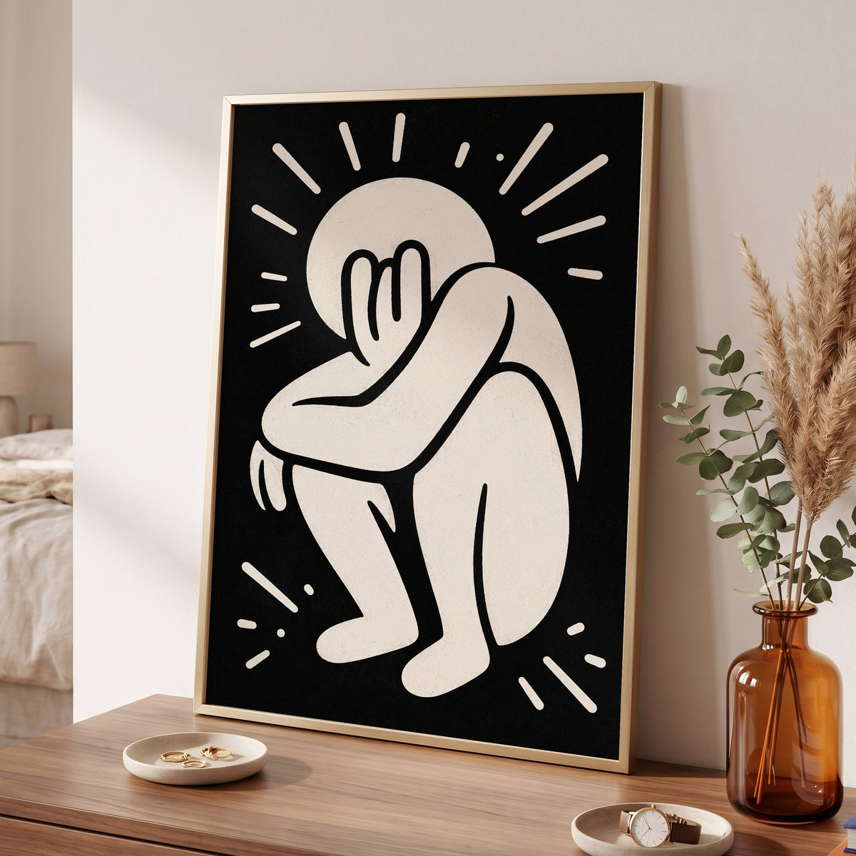 Folded in Light, black, beige, gray minimalist wall art displayed in a styled interior, gallery view 2