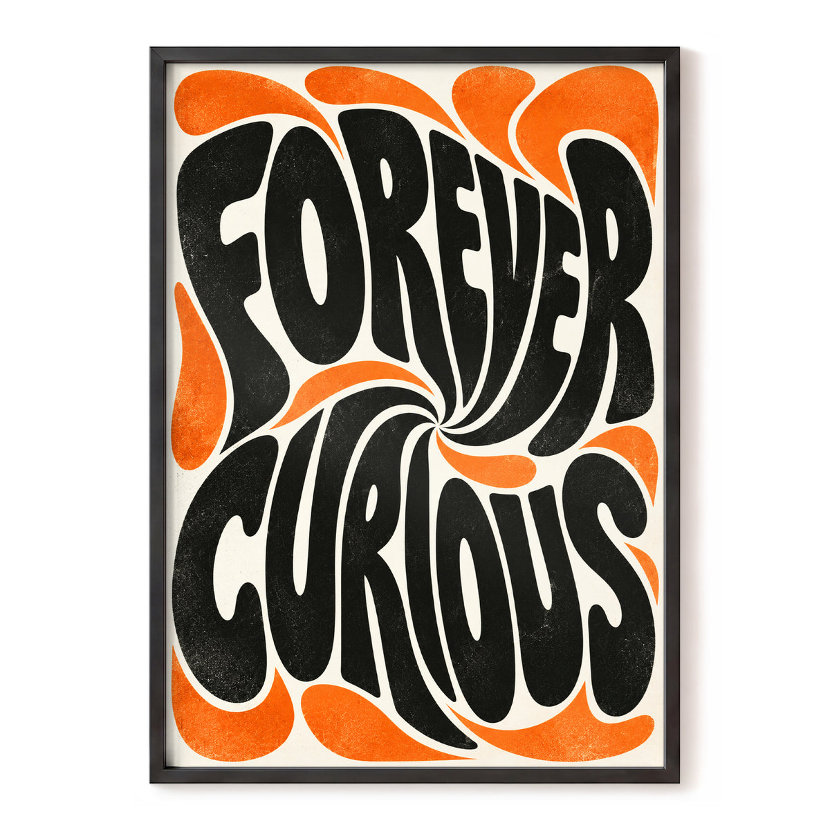 Forever Curious Swirl, black, orange, beige abstract wall art, front artwork view