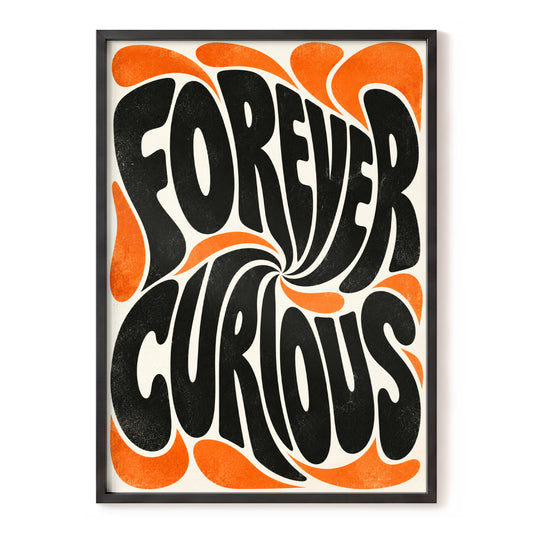 Forever Curious Swirl, black, orange, beige abstract wall art, front artwork view