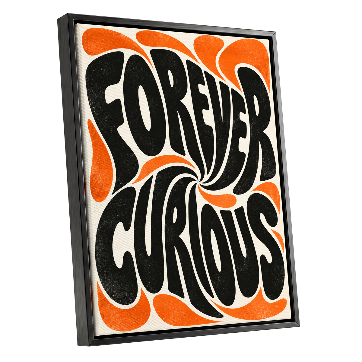 Forever Curious Swirl, black, orange, beige abstract wall art shown as a black framed canvas wall art